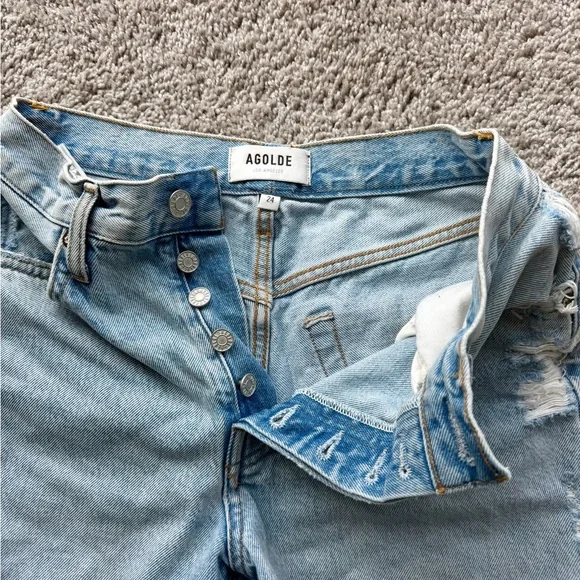 Agolde Parker Long Light Blue high waist cutoff distressed denim jean Shorts 24 - Picture 3 of 4